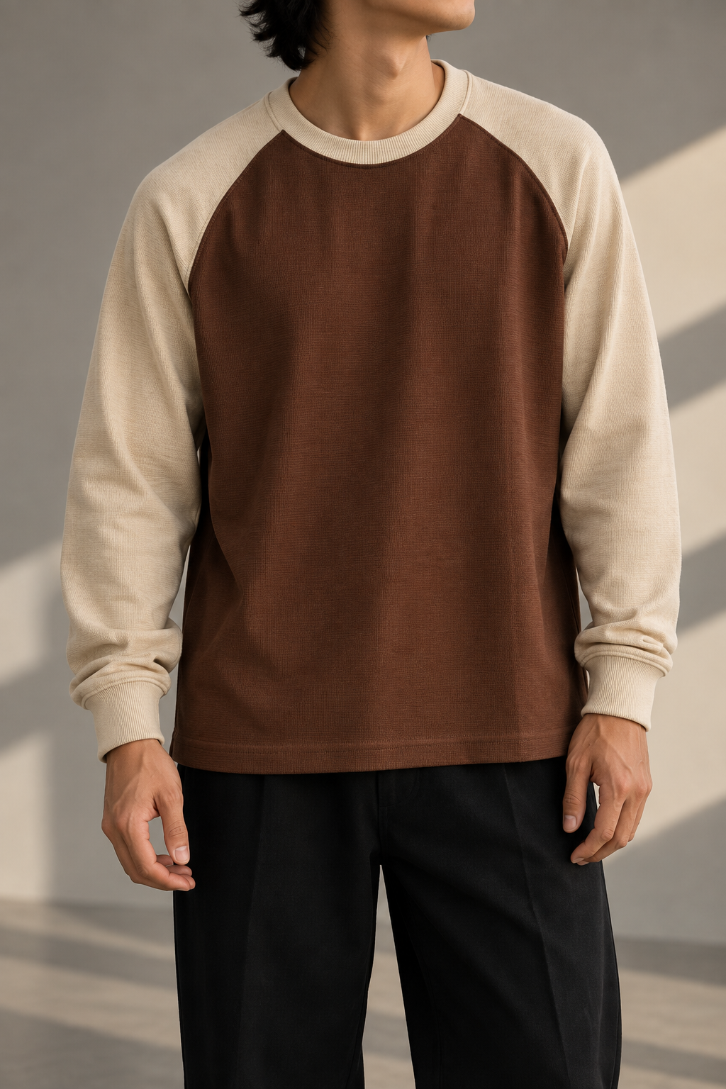 Waffle Raglan T-Shirt- BROWN