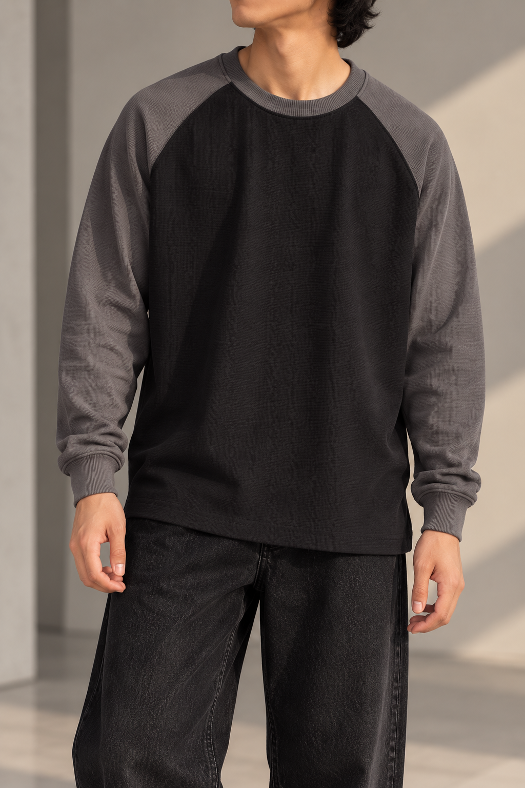 Waffle Raglan T-Shirt- BLACK