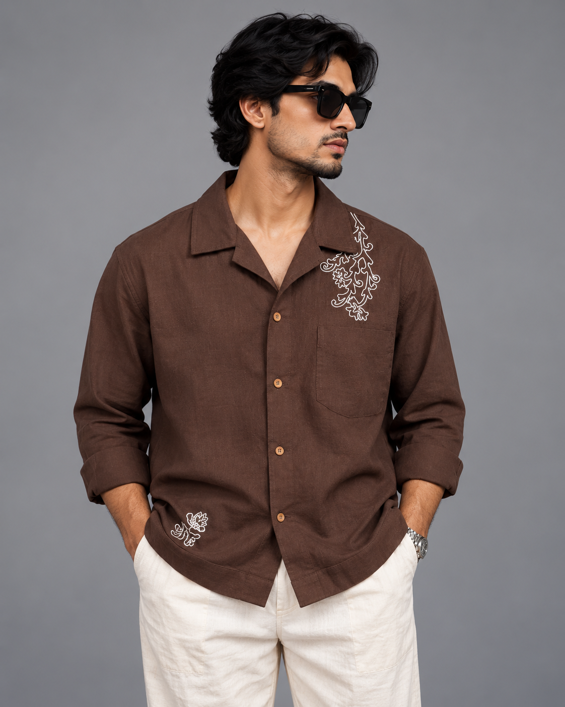 Premium Linen Embroidery Shirt -Brown
