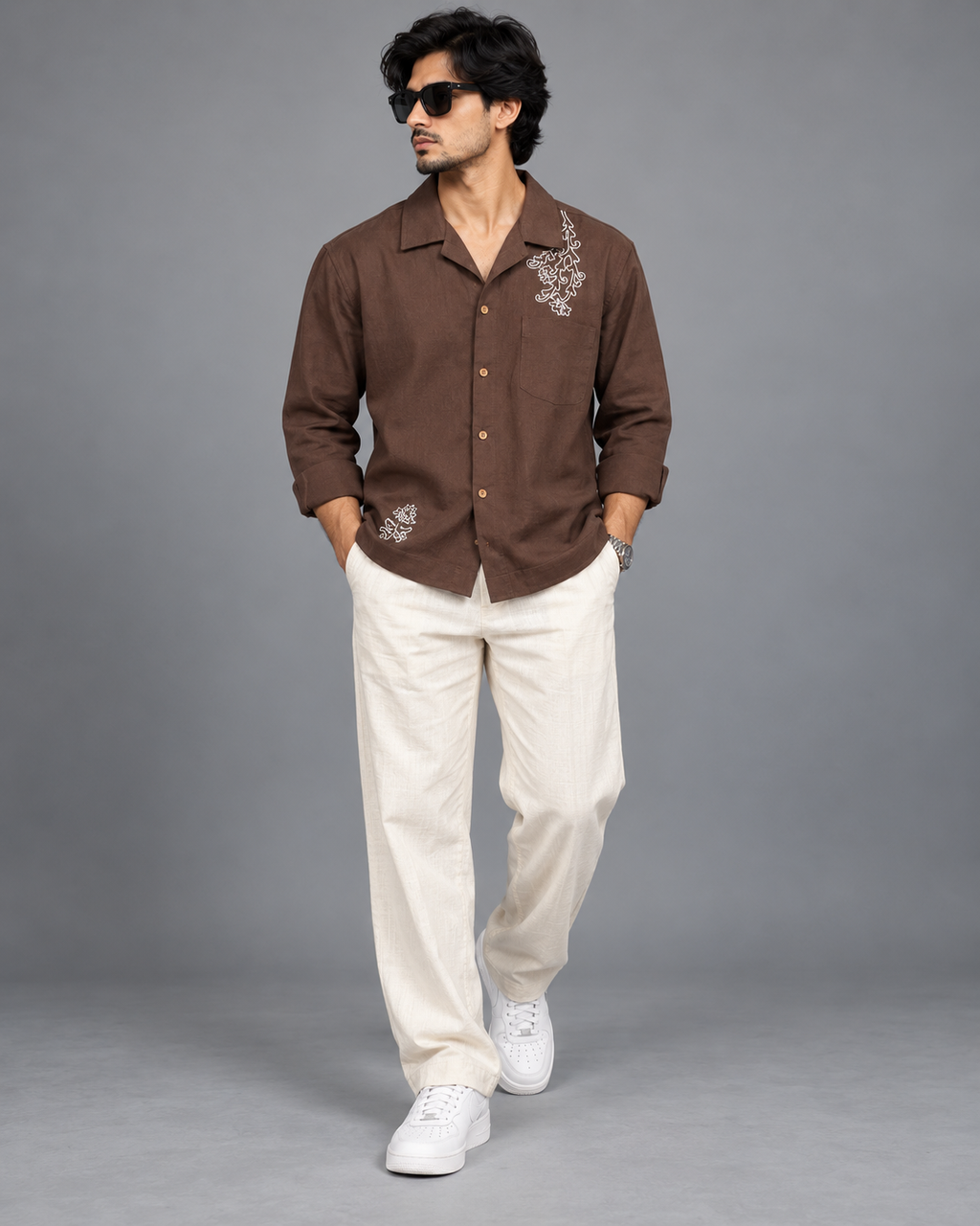Premium Linen Embroidery Shirt -Brown