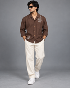 Premium Linen Embroidery Shirt -Brown