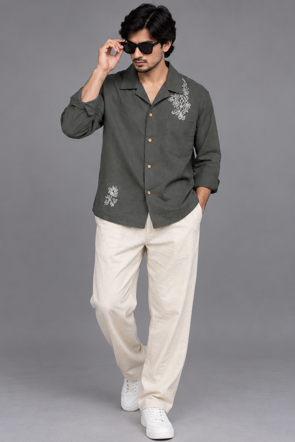 Premium Linen Embroidery Shirt -Olive Green