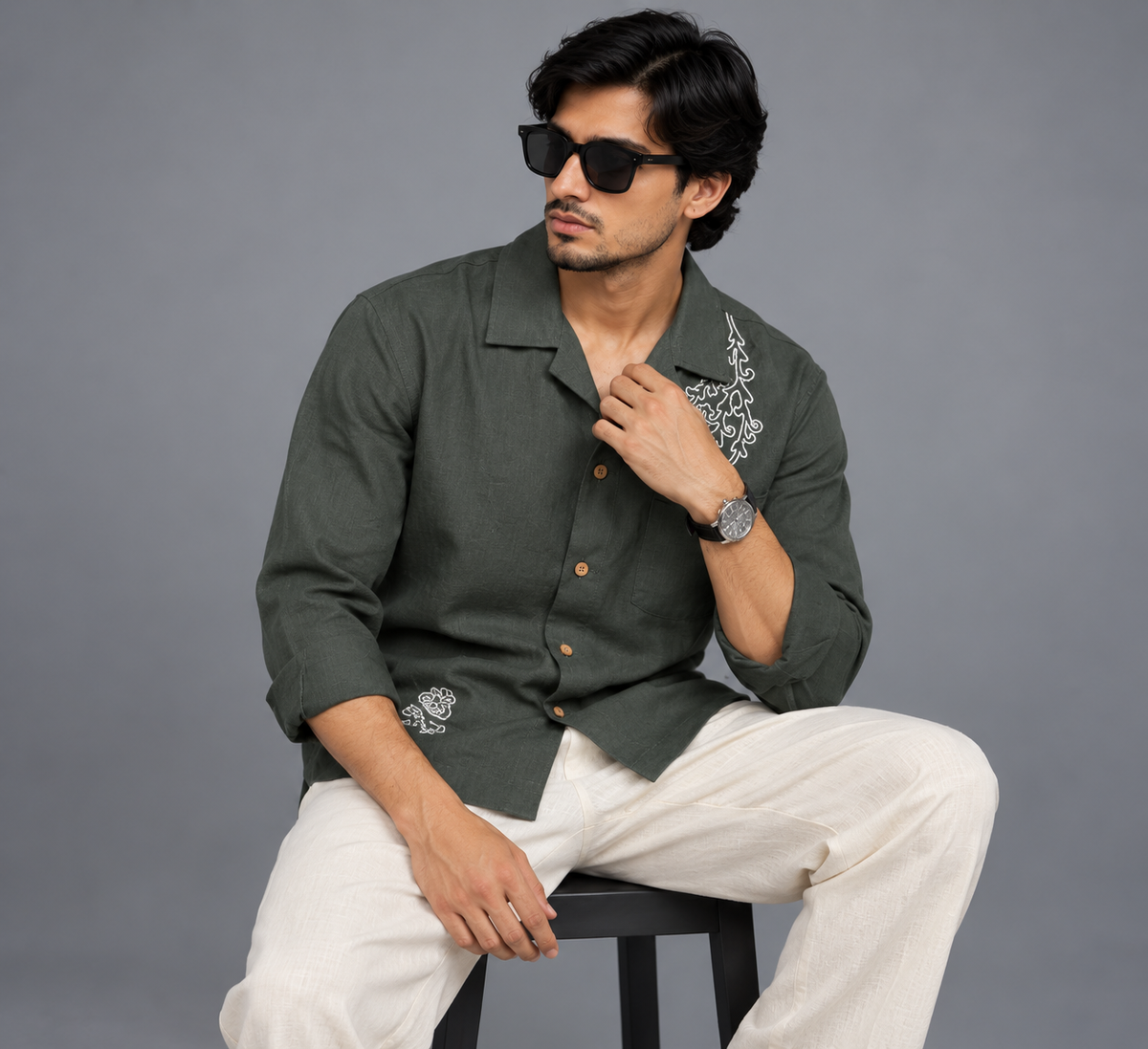 Premium Linen Embroidery Shirt -Olive Green