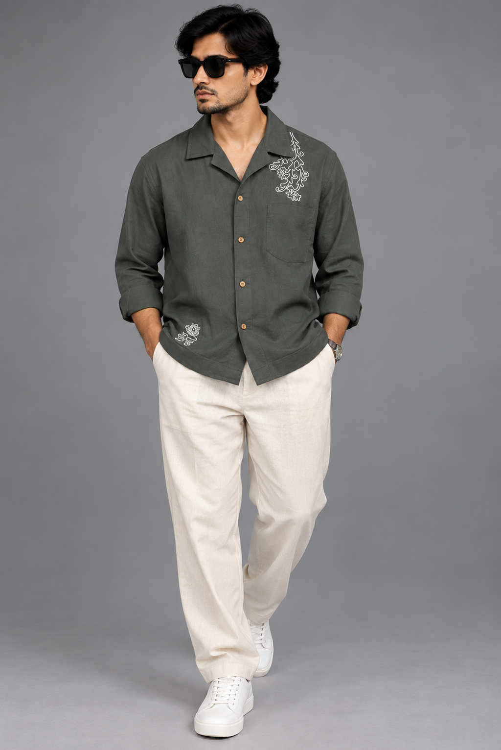 Premium Linen Embroidery Shirt -Olive Green