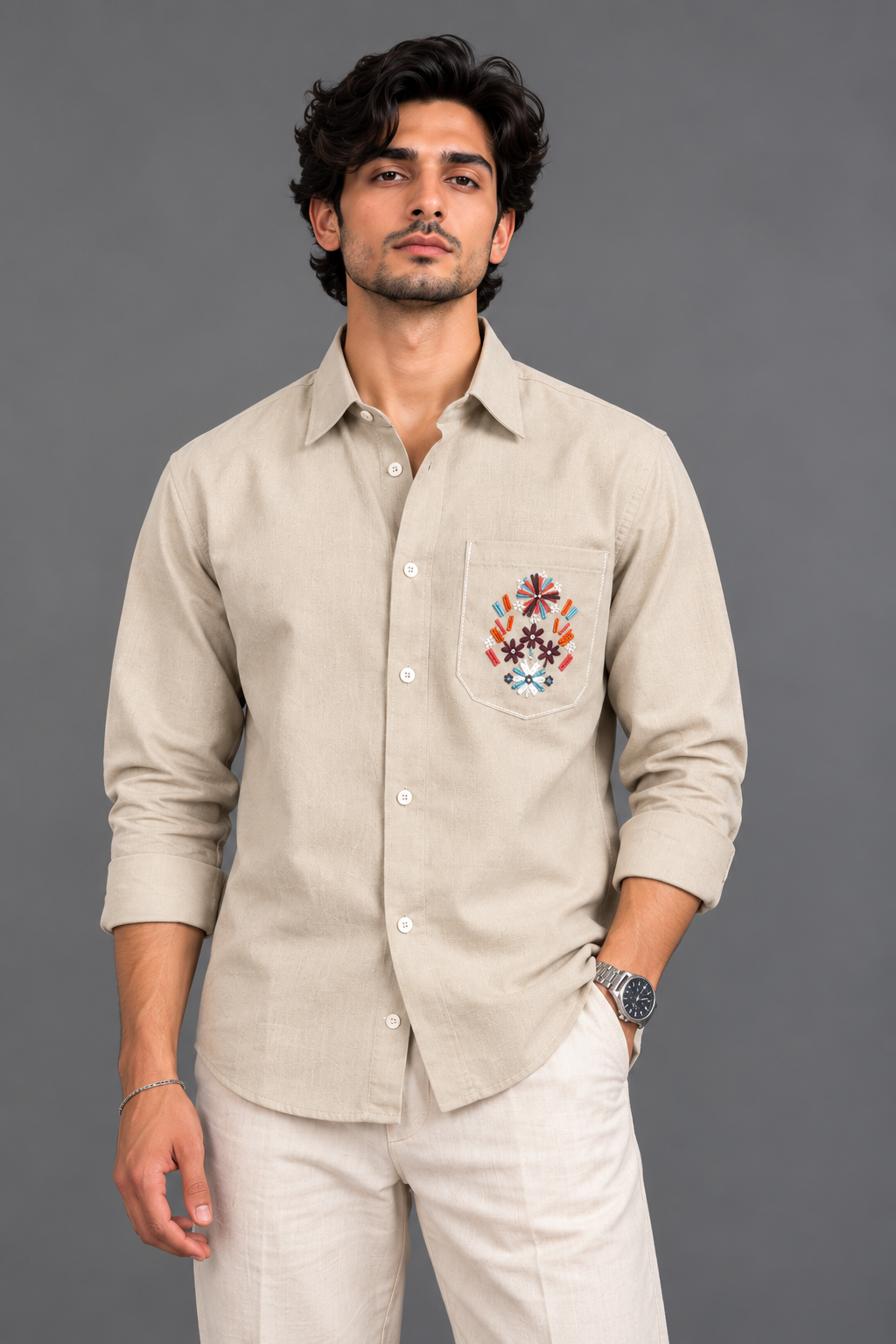 Linen Pocket Embroidery Shirt