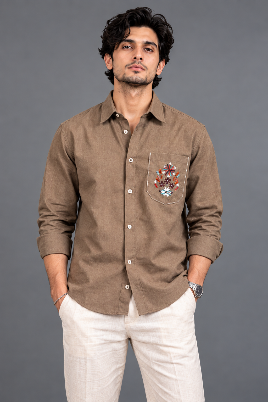 Linen Pocket Embroidery Shirt - Brown