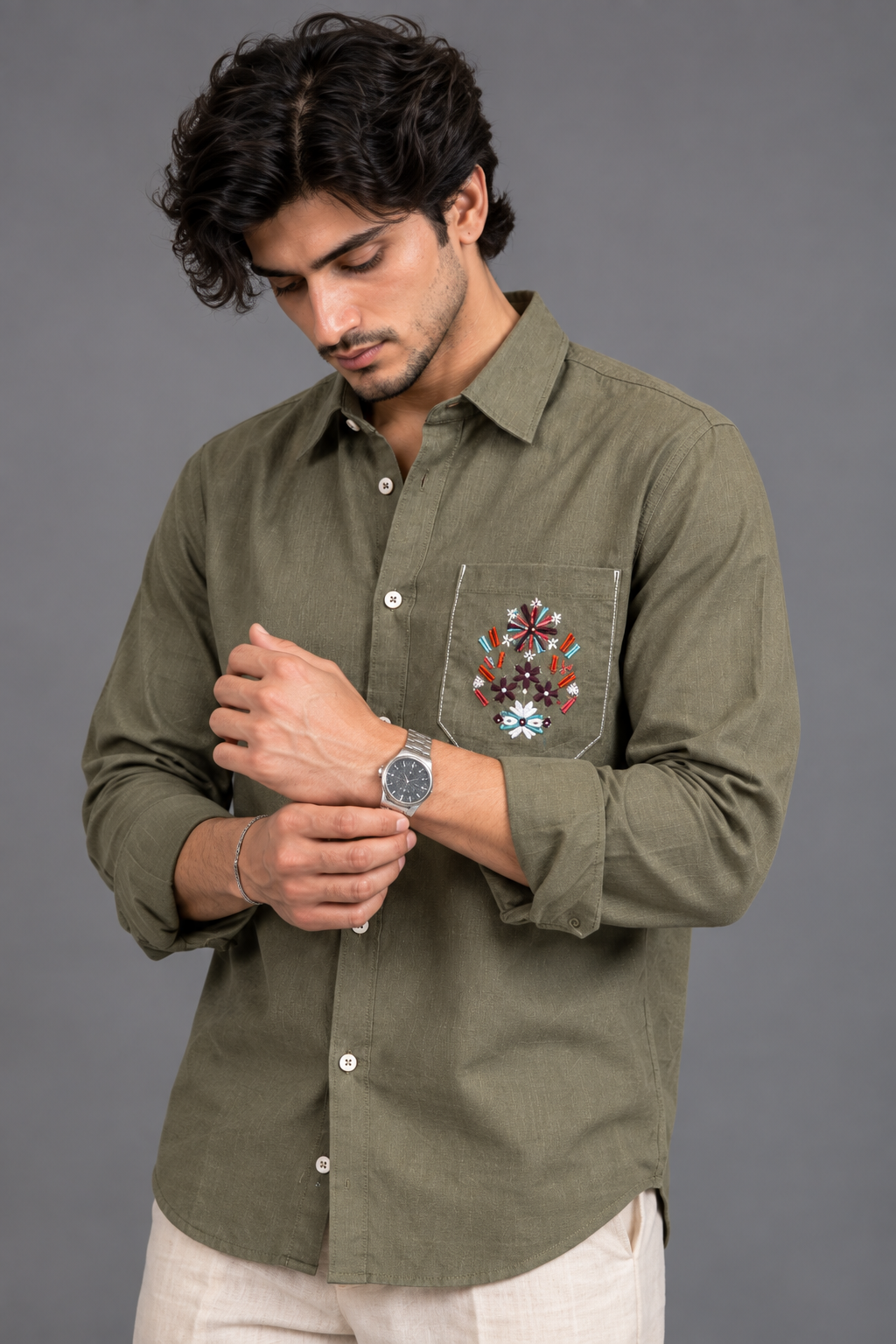 Linen Pocket Embroidery Shirt - Olive Green