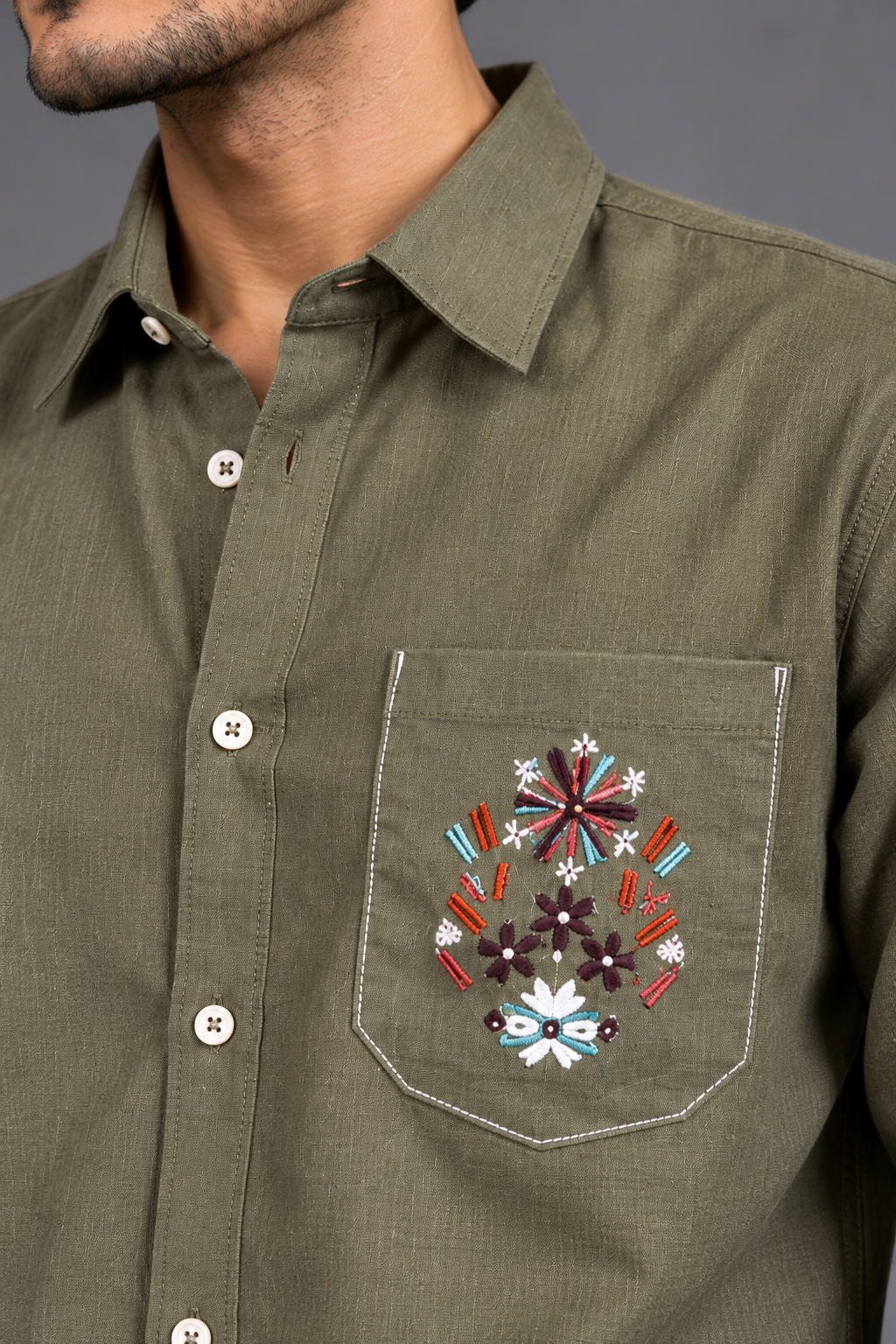 Linen Pocket Embroidery Shirt - Olive Green
