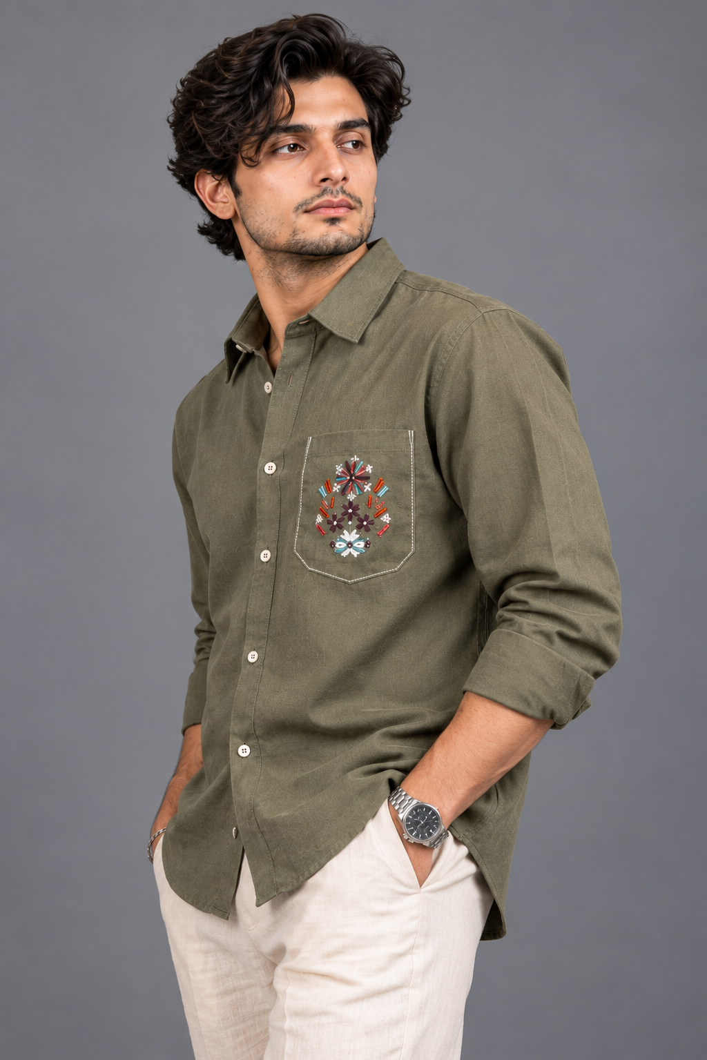 Linen Pocket Embroidery Shirt