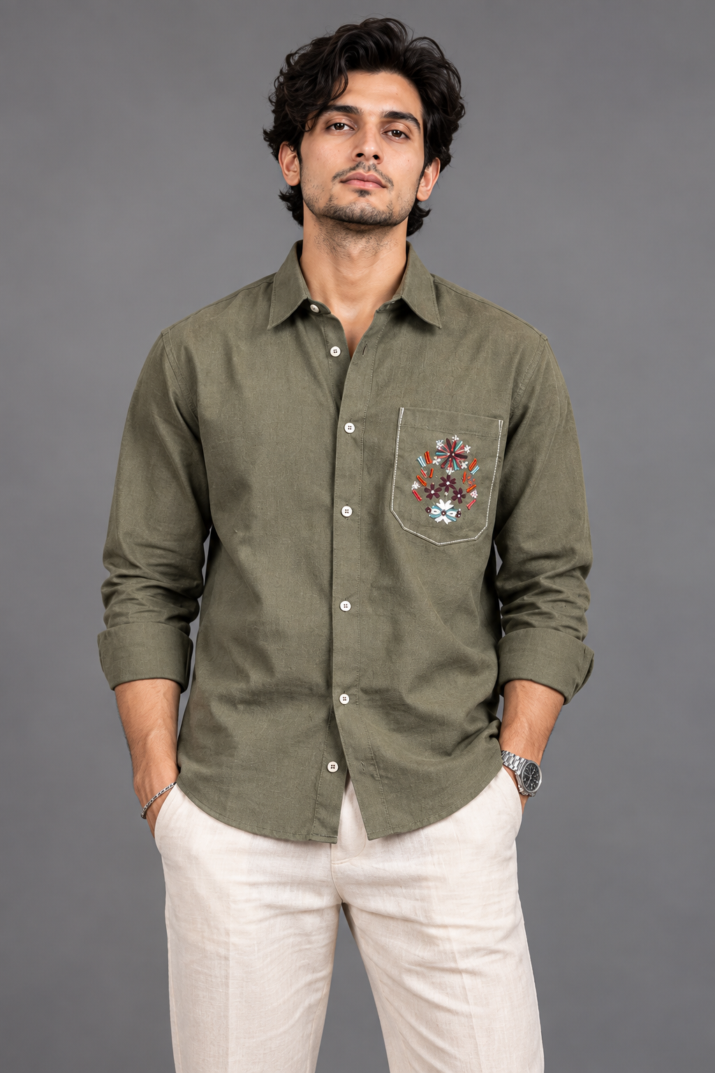 Linen Pocket Embroidery Shirt - Olive Green