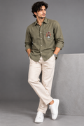 Linen Pocket Embroidery Shirt - Olive Green