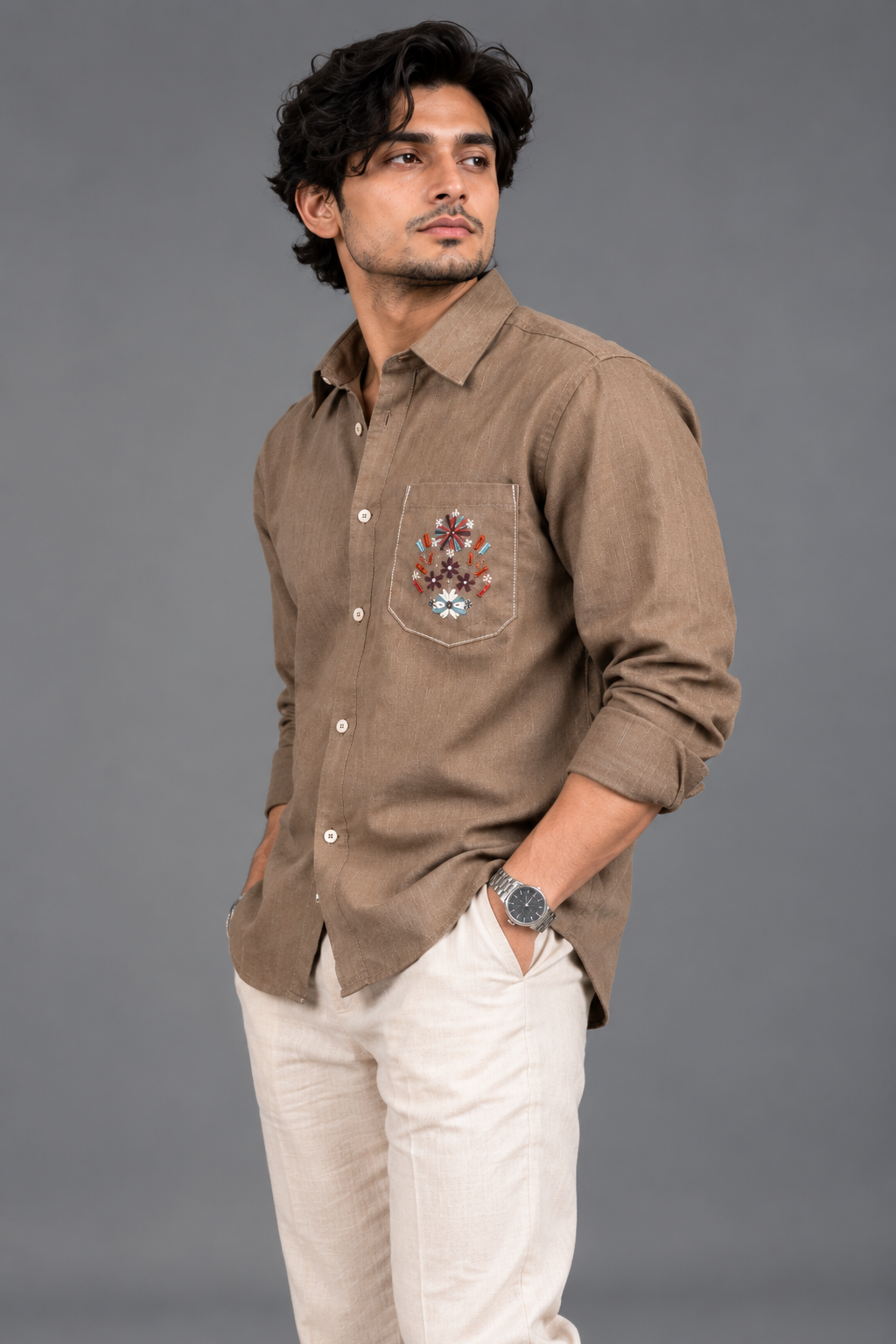 Linen Pocket Embroidery Shirt - Brown
