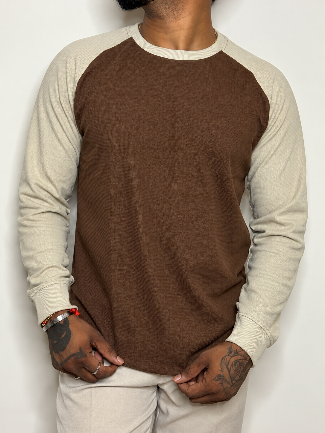 Waffle Raglan T-Shirt- BROWN
