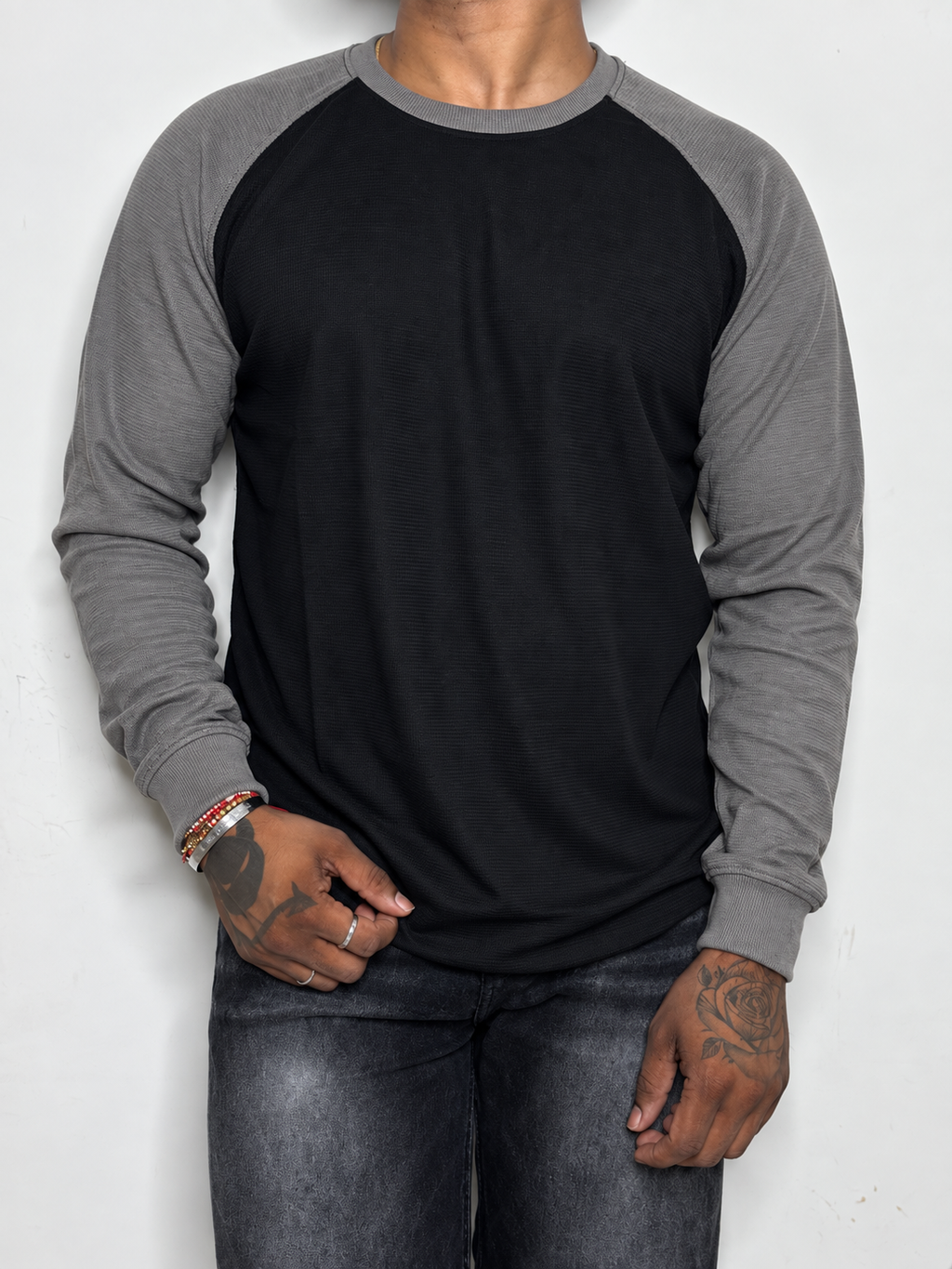 Waffle Raglan T-Shirt- BLACK