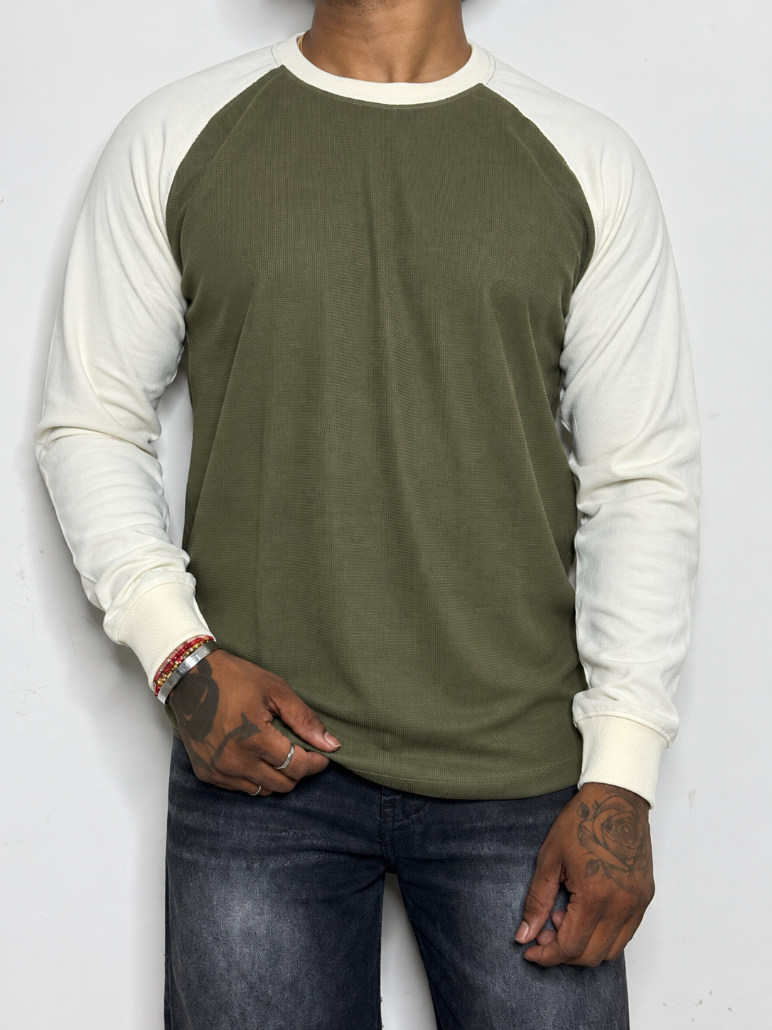 Waffle Raglan T-Shirt- OLIVE GREEN