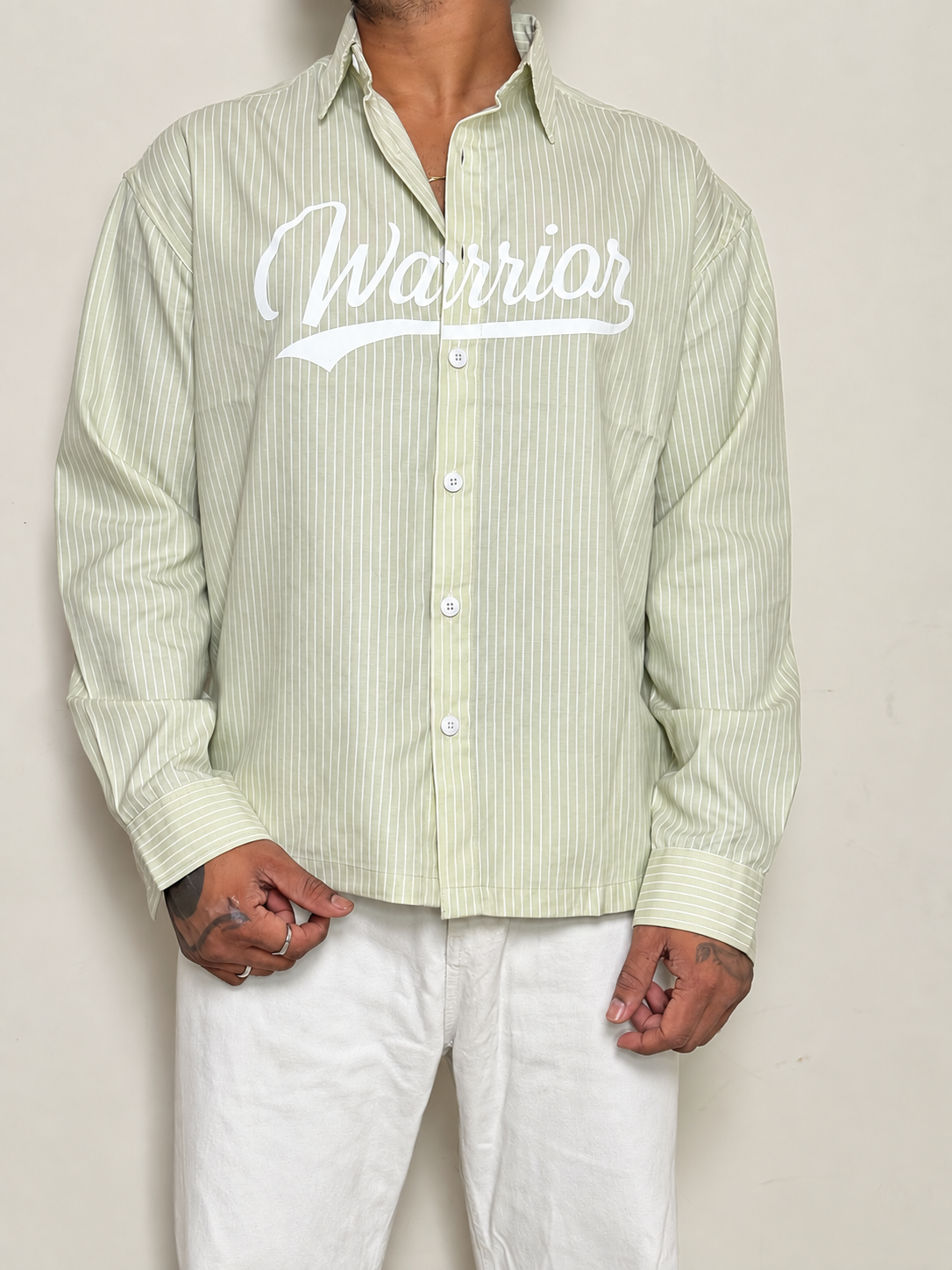 OVERSIZE BOXYFIT STRIPS SHIRT-Light Sage Green