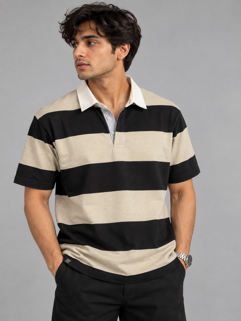 OLD MONEY STRIP POLO T-SHIRT-Cream