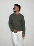IMPORT WAFFLE FABRIC HENLEY T-SHIRT-Olive green