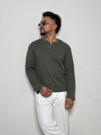 IMPORT WAFFLE FABRIC HENLEY T-SHIRT-Olive green