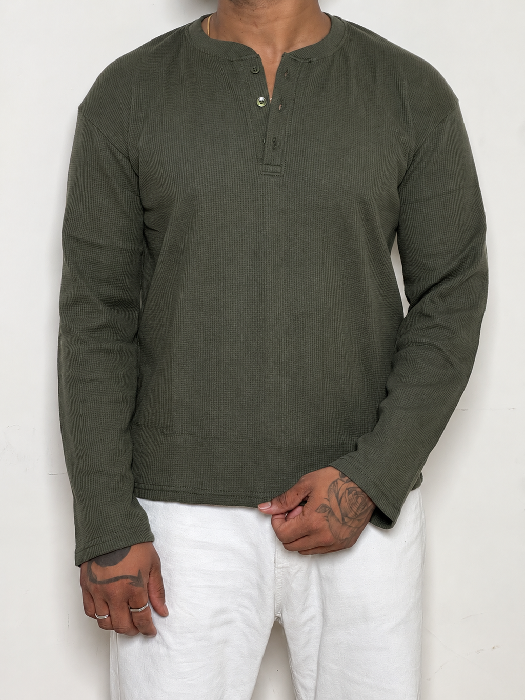 IMPORT WAFFLE FABRIC HENLEY T-SHIRT-Olive green