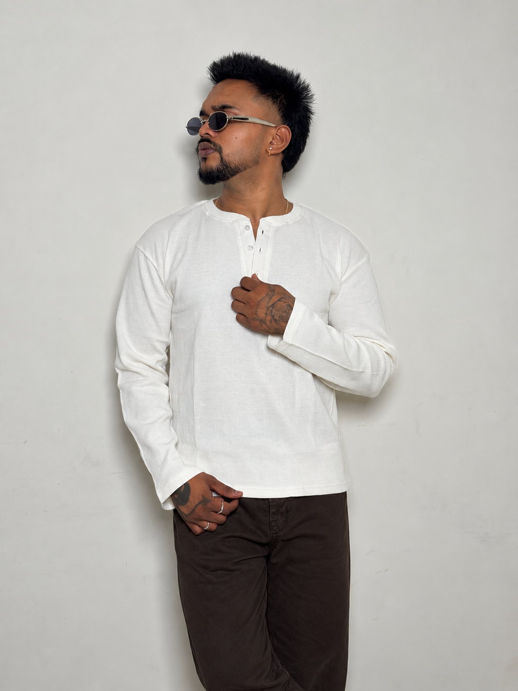 IMPORT WAFFLE FABRIC HENLEY T-SHIRT-Off White Ivory