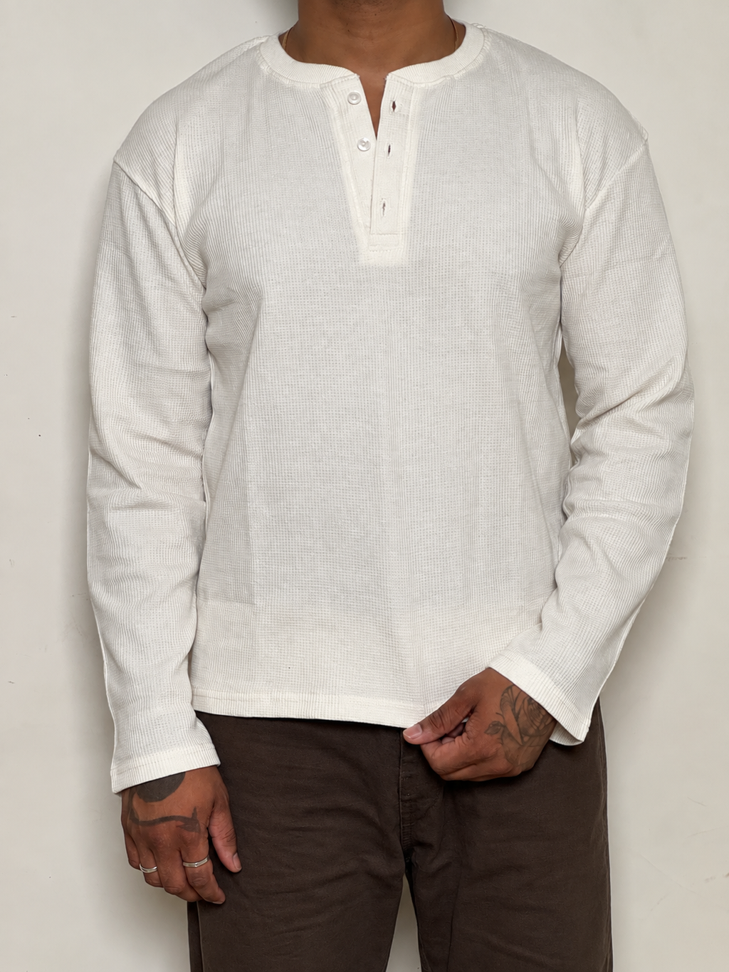 IMPORT WAFFLE FABRIC HENLEY T-SHIRT-Off White Ivory