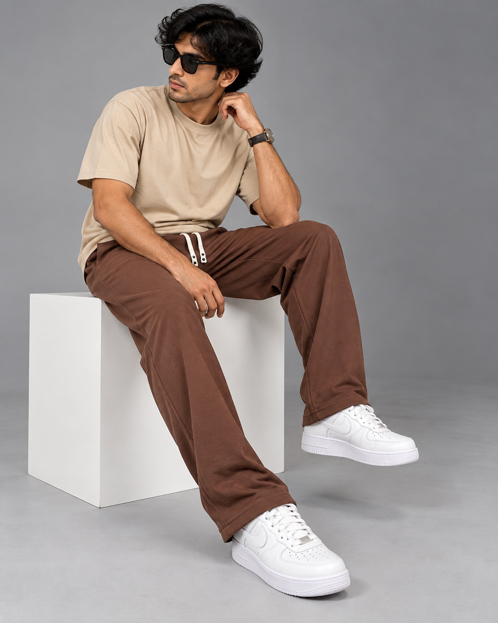 Cotton Straight-Fit Track Pants for Men-Brown